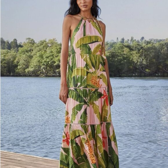 NEW! $295 FARM RIO BANANA LEAVES Pink Sleeveless MAXI DRESS Size M 8 10 - Picture 1 of 9